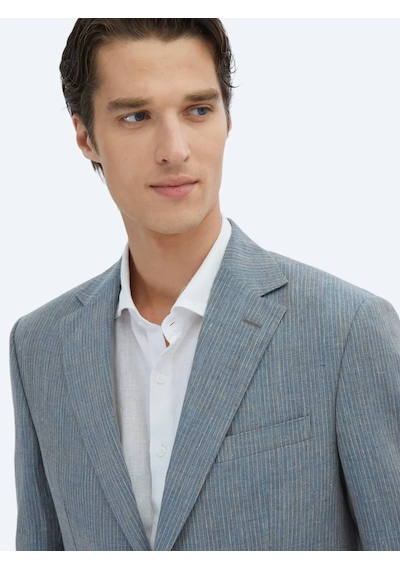 Kip Koyu Mavi Çizgili Modern Fit %100 Keten Takım Elbise Koyu Mavi