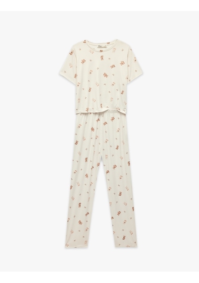 Koton Rahat Kalıp Bisiklet Yaka Kısa Kollu Baskılı Pijama Takımı Bej Desenli 7wlk40109mk