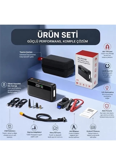 Sh Powermaster N33 Lastik Hava Kompresörlü Akü Takviye Cihazı 65w Fast Powerbank Najmaddin