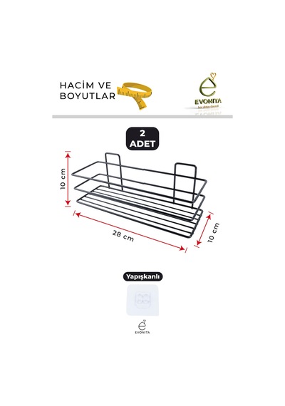 2li Yapışkanlı Banyo Rafı Duş Şampuanlık Metal Siyah Organizer Delmeden Montaj Raf Seti