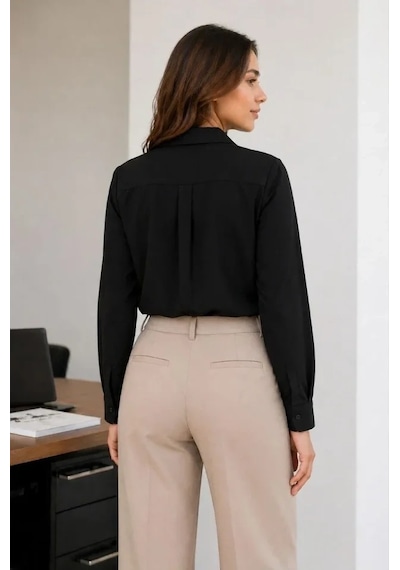 Defymoda Uzun Kol Gömlek Düğmeli Klasik Yaka Günlük Ve Ofis Şıklığına Uygun - Siyah
