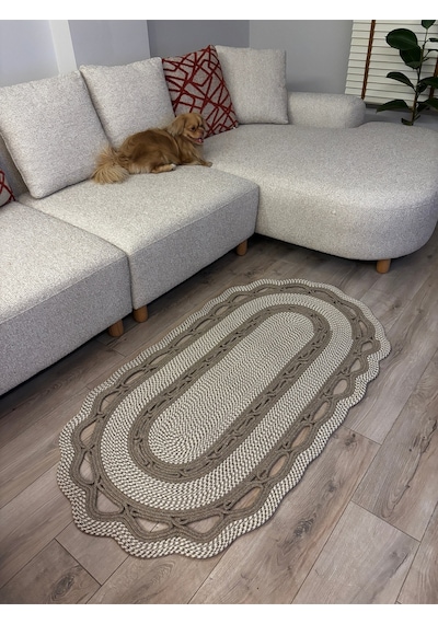 Mavaux Sarmaşık Model Oval Hasır Görünümlü Jüt Kilim Paspas Halı Taş