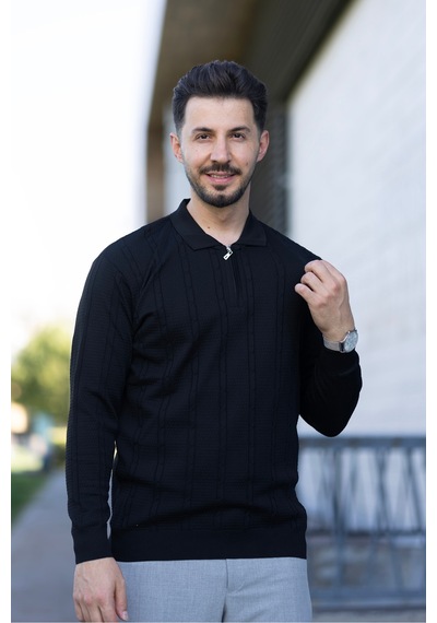 Hk Premium Triko Kazak Polo Yaka Fermuarlı Slim Fit Siyah