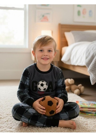 Zekids Erkek Çocuk Goal Baskılı Polar Pijama Takımı-16816 Füme