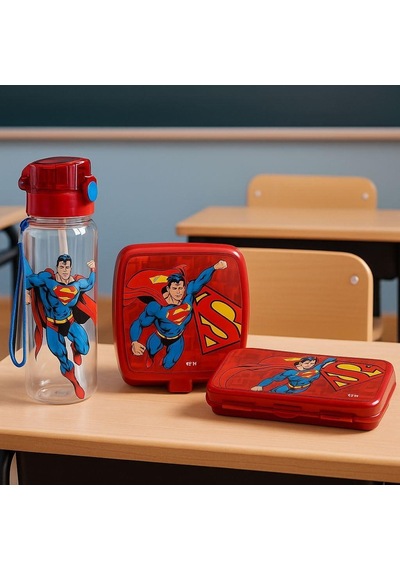 Efe Mark Superman Lisanslı Okul Seti 500 Ml Matara, Beslenme Kutusu, Kalem Kutusu Kırmızı