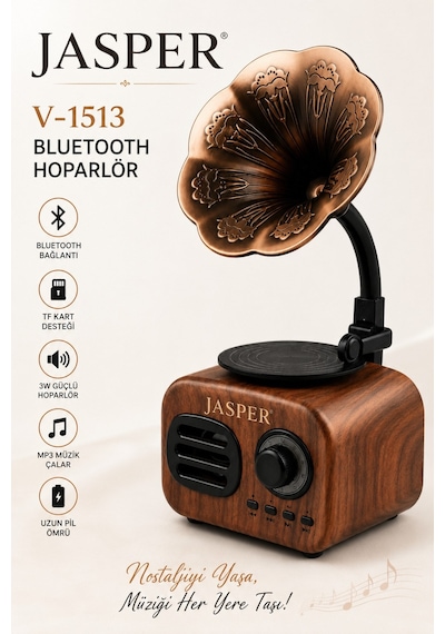 Jasper Jpr-1513 Nostalji Gramofon Bluetooth Hoparlör Kablosuz Taşınabilir Ses Tasarımlı Bombası Extra Bass