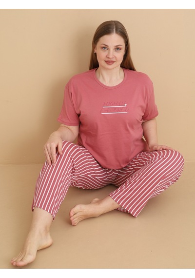 Wordex Mirano 4510 Çizgili Pijamalı Kısa Kollu Penye Büyük Beden Kadın Pijama Takımı GÜL KURUSU Wordex Mirano 4510 Çizgili Pijamalı Kısa Kollu Penye Büyük Beden Kadın Pijama Takımı GÜL KURUSU