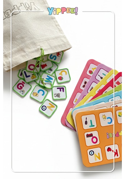 Çocuk Tombala Alfabe Temalı Ham Bez Kese 8 Tabla 50 Pul 60 Parça