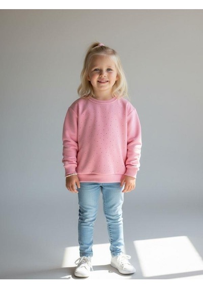 Kız Çocuk Pamuklu Taşlı Sweatshirt-16747 Pembe