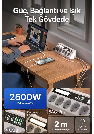 Akım Korumalı Dokunmatik Led Işıklı Priz 5'li + 2x Usb-a + 2x Usb-c 2 Metre Kablo 2 M