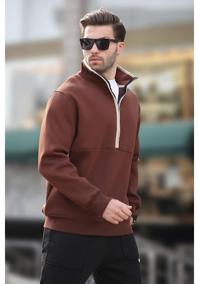 Madmext Acı Kahverengi Dik Yaka Yarım Fermuarlı Sweatshirt 7079 Acı Kahverengi