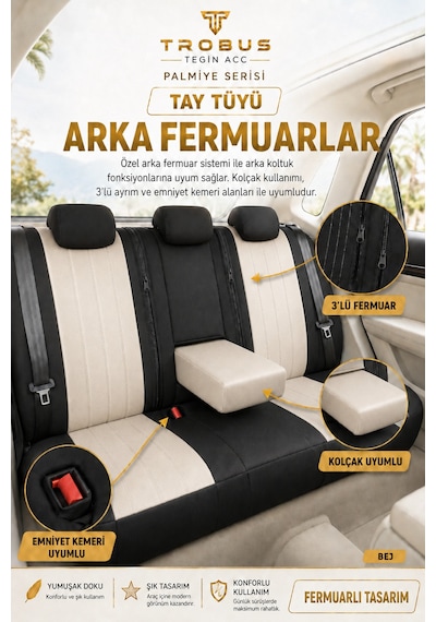 Fiat Tipo 1990-2000 Uyumlu Palmiye Serisi Bej Siyah Oto Koltuk Kılıfı