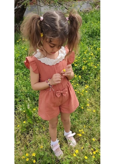 Novy Baby Müslin Kumaş Dantel Yaka Fiyonklu Kız Çocuk Tulum - 2-5 Yaş