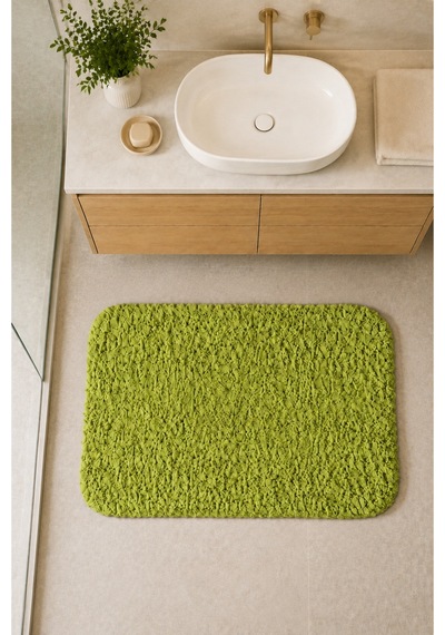 Kaymaz Jel Tabanlı Yıkanabilir Peluş Yumuşak Dokulu Dekoratif Tekli Banyo Paspası 60x100 Cm Yeşil