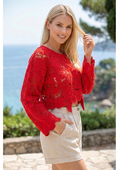 Sayzen Your Shine Dantel Işleme Crop Bluz Sy-shn04 Kırmızı