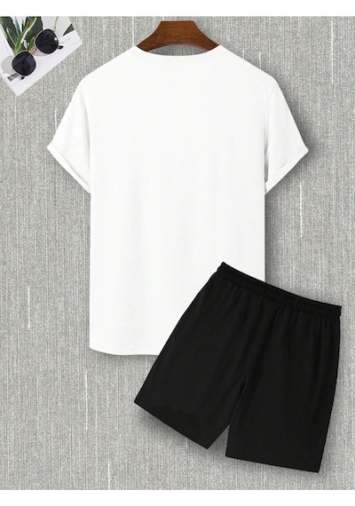 Unisex Tokio Baskılı Bisiklet Yaka Beyaz T-shirt Gri Şort Beyaz