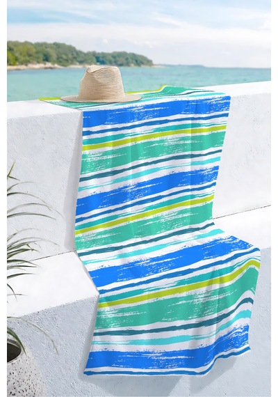 Çizgili Marine Modern Plaj Havlusu - Mavi Turkuaz Akdeniz Stil Hızlı Kuruyan Mikrofiber Havlu Kuru Esinti