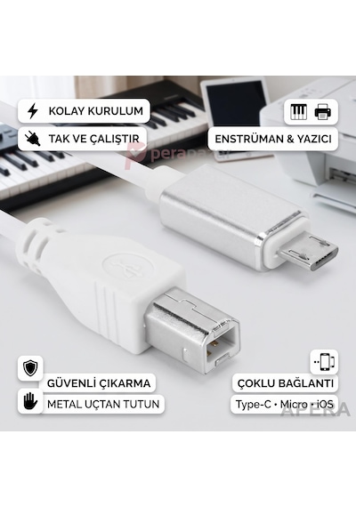 3'ü 1 Arada Usb Tip-b Midi Yazıcı Kablosu 1.5 Metre Type-c Micro İos Uyumlu Enstrüman Veri Aktarımı Cr91