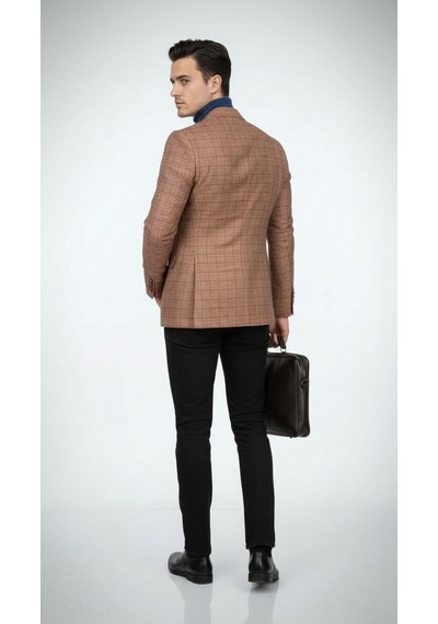 Plus Scorpion Ekoseli Slim Fit Erkek Blazer Ceket Şık Modern Tasarım, Tek Düğmeli Kiremit