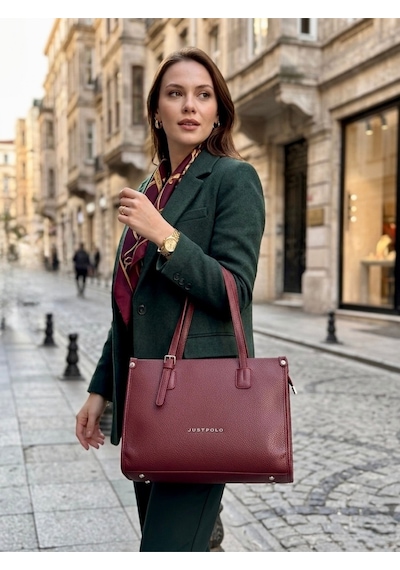 Just Polo Kadın Yeni Sezon Yumuşak Deri Büyük Boy Fermuarlı Lüks Tasarım El Çantası Shopper Bordo