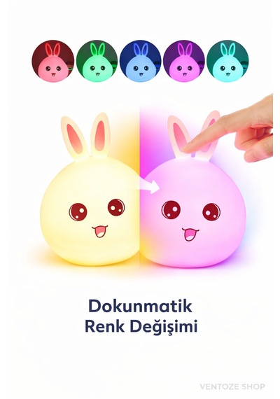 Dokunmatik Sevimli Tavşan Gece Lambası Şarjlı, Renk Değiştiren Silikon Çocuk Odası Masa Lambası