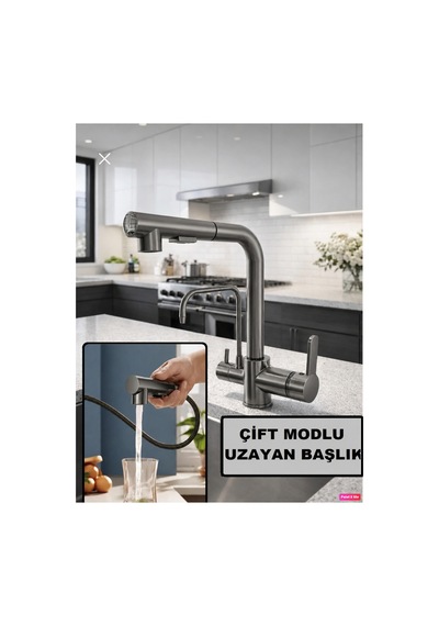 Rena Design Antrasit Aritmali Spiralli 2 Modlu Başlik L Boru Mutfak Evye Bataryasi Prinç Armatür Musluk