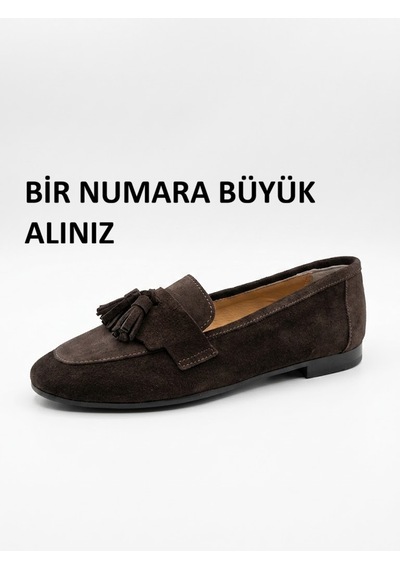 Noxmark Hakiki Deri Süet Püskül Detaylı Kadın Loafer Ayakkabı Kahverengi