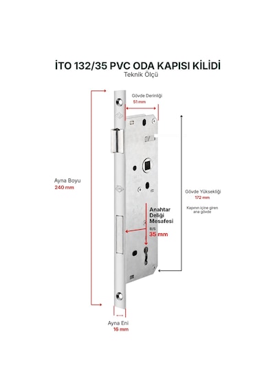 İto Kilit 132/35 Gömme PVC ve Ahşap Oda Kapısı Kilidi -