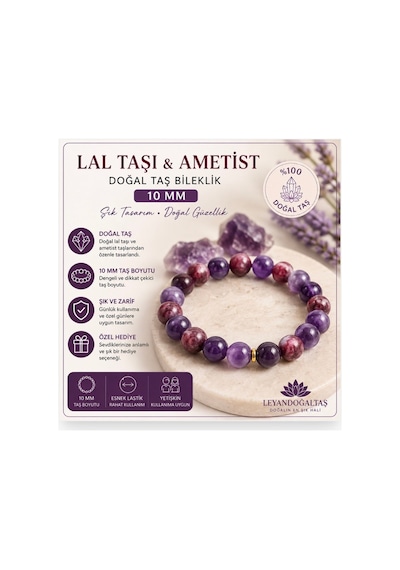 Lal Taşı Ametist 10 Mm Doğal Taş Bileklik Özel Tasarım Unisex Bileklik Mor Mor
