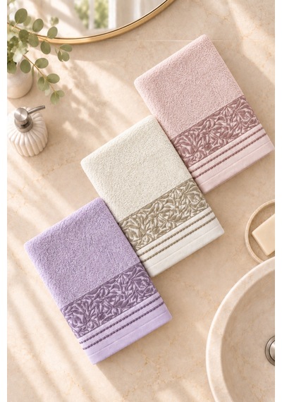 Botanical Garden Yaprak Desenli El Yüz Havlusu 50x90 Cm 3 Lü Set %100 Pamuk - Velvet Lilac Çok Renkli
