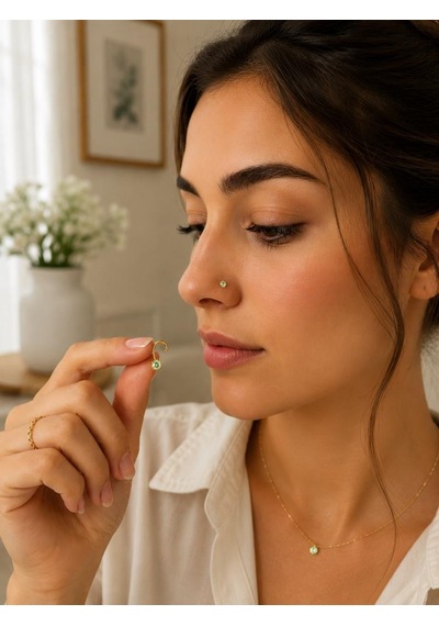 925 Ayar Gümüş Yeşil Taşlı Sarı Renk Burun Hızması Piercing Minimal L Şekilli Unisex Nose Stud