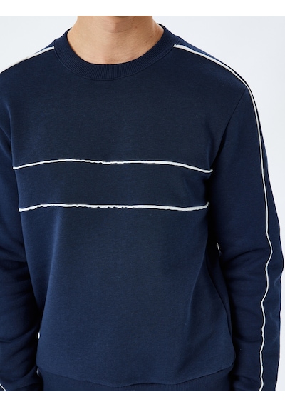 Koton Pamuk Karışımlı Uzun Kollu Biyeli Bisiklet Yaka Sweatshirt Lacivert 5wam70258mk Lacivert