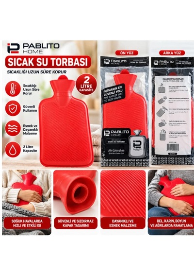 Pablito Home 2 Litre Sıcak Su Torbası Kalın Ve Dayanıklı Isı Torbası Açık Kırmızı