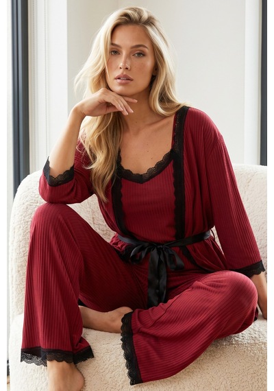 Siyah İnci 3'lü Soft Touch Ince Örme Sabahlık Takım Bordo
