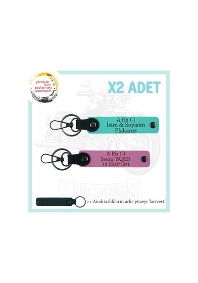 Macera Aşıklarına Özel, İsim Plaka Ve A Rh - Kan Grubu Yazılı X2 Anahtarlık, Pembe-turkuaz-laci