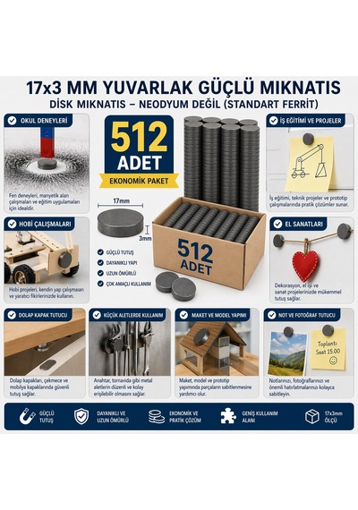 512 Adet Mıknatıs 17x3 Mm Yuvarlak Güçlü Mıknatıs Cpr-8817-f3e8c