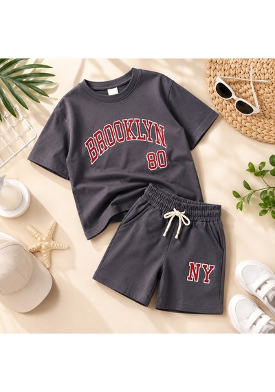 Erkek Çocuk Slogan Yazı Nakışlı T-shirt - Şort Alt Üst Takım Gri