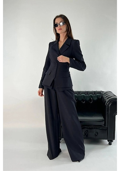 Üçlü Blazer Korse Pantolon Takım Siyah