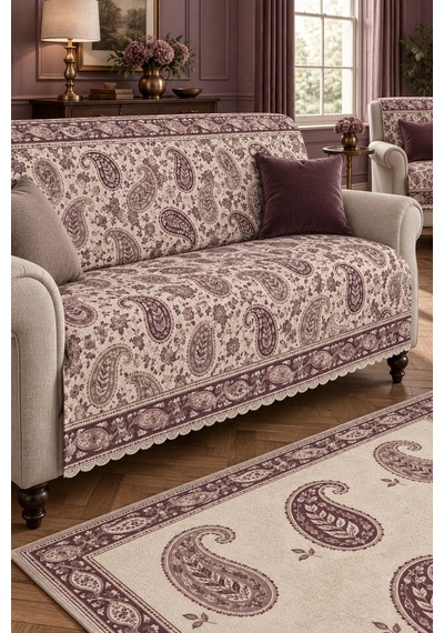 3 Lü Set 2 Adet 165x215 Cm Koltuk Örtüsü + 1 Adet 6m2 180x280 Cm Kaymaz Taban Dijital Baskılı Halı Mürdüm