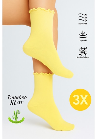 Bamboo Star Bambu Kadın Sarı Fırfırlı Lastiksiz Dikişsiz Kadın Soket 3lü Sarı Çorap/iz Bırakmaz/ Sıkmayan Çorap