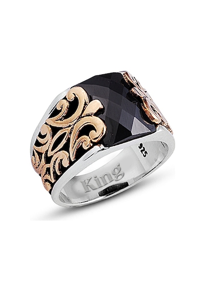 Kuyumcudukkanı Baget Taşlı Yanı Bronz Parçalı Elyapımı Gümüş Erkek Yüzük-60009-w-blk 21 Beyaz