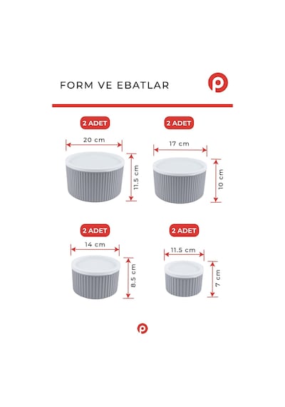 8'li Çizgili Yuvarlak Saklama Kabı Seti Bej 3l - 1.8l - 1l - 0.55l Mikrodalga & Dondurucu Uyumlu Gri