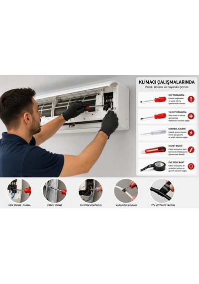 7 Parça El Aleti Seti 2 Düz Tornavida 2 Yıldız Tornavida Kontrol Kalemi Maket Bıçağı Pvc İzole Bant Dayanıklı Ergonomik Ev Atölye Tamirhane Bakım Onarım Elektrik Montaj Çözümü