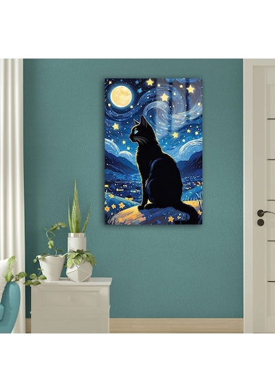 Yıldızlı Gecenin Seyri: Kara Kedi Ve Büyülü Ay Cam Tablo