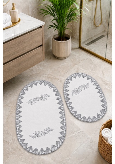 Gümüş 2li Fransız Dantelli Lüks Banyo Paspası Kaymaz Çeyizlik Oval Banyo Paspas Seti Lauris