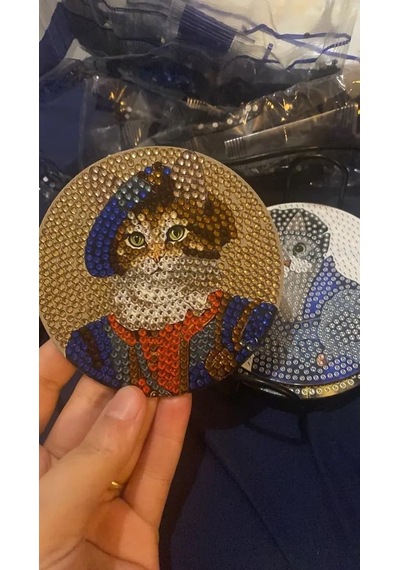 Sanatsal Kedi Temalı Dıy Elmas Boyama Bardak Altlığı Seti 124-Pembe