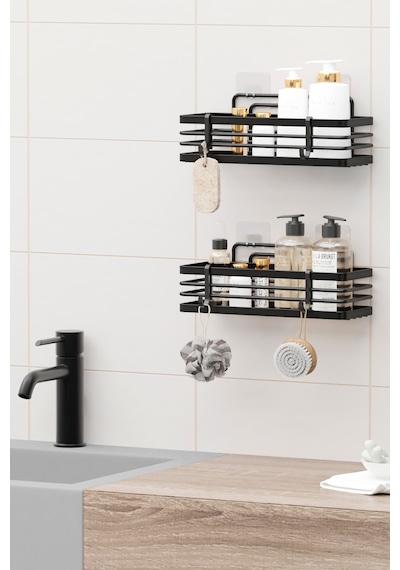 Yapışkanlı Lamalı Banyo Rafı Duş Şampuanlık Duvar Düzenleyici Organizer 2li Set Duş Rafı Organizeri Siyah