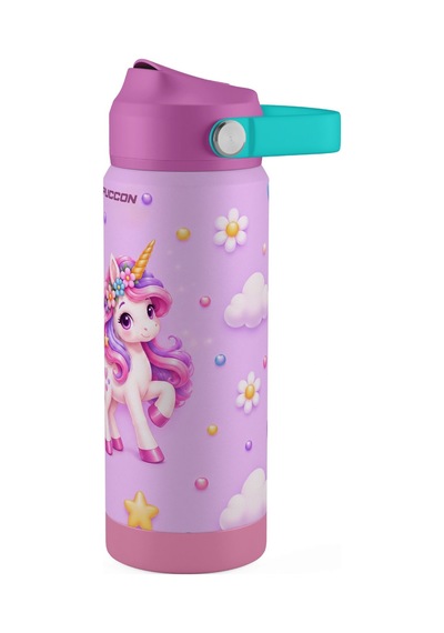 Puccon 540 Ml Sevimli Unicorn Baskılı Pembe - Mor Kız Çocuk Pipetli Çelik Termos Matara/suluk - 60048