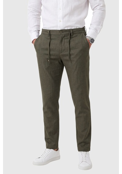 Rizzup Erkek Slim Fit Kırçıllı Haki Kumaş Pantolon İpli Esnek Bel Likralı Spor Şık Pantolon 2700252