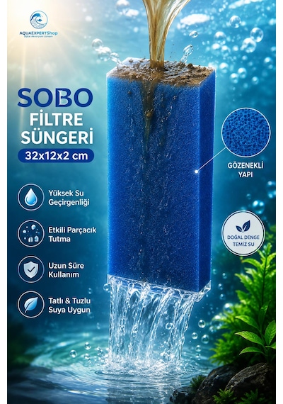 Sobo Akvaryum Filtre Süngeri 32x12x2 Cm - Üstün Temizlik Gücü Ve Yüksek Su Geçirgenliği - Mavi Renk